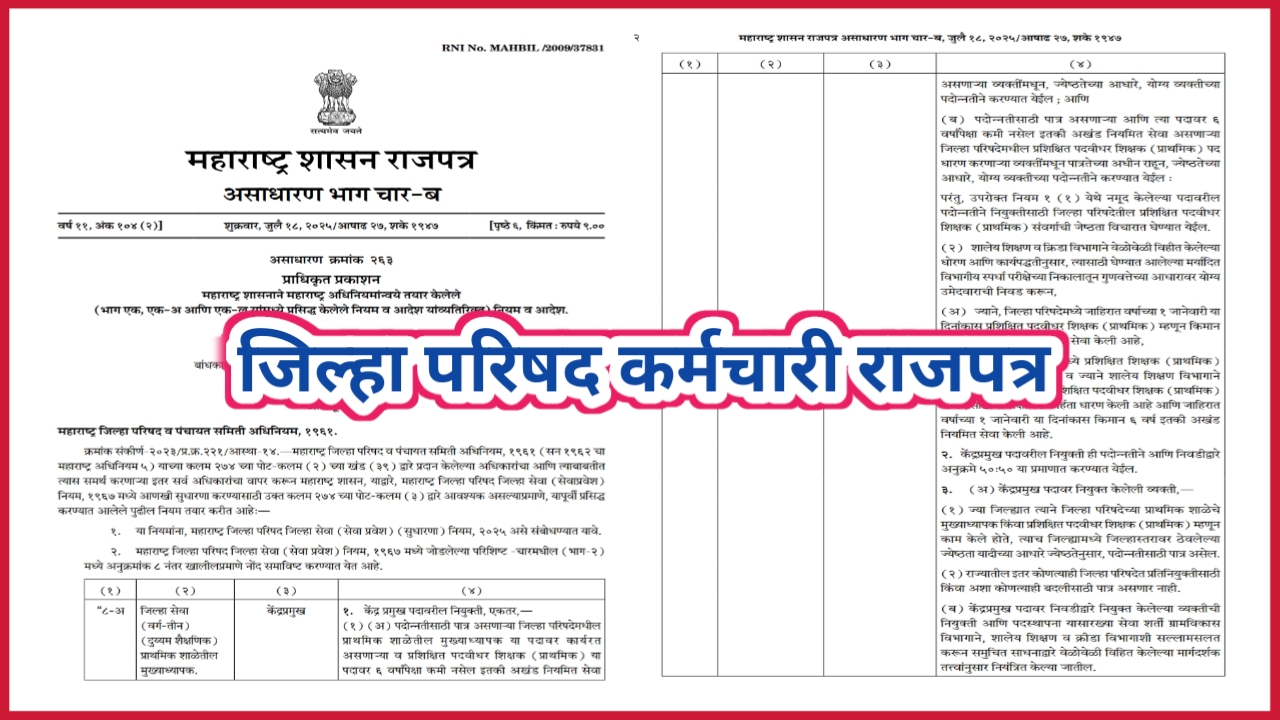 जिल्हा परिषद कर्मचाऱ्यांकरीता महत्वपुर्ण राजपत्र निर्गमित दि.18.07.2025